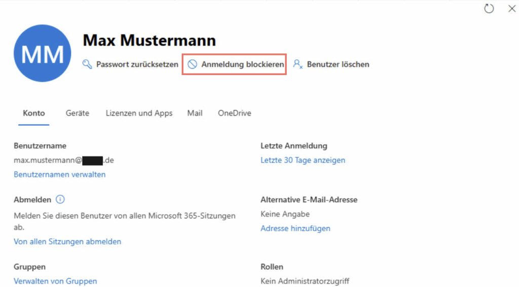 Gehen Sie zu „Benutzer → Aktive Benutzer“ und wählen Sie den betroffenen Benutzer aus.
Klicken Sie im Bereich „Benutzerdetails“ auf „Anmeldung blockieren“, um das Konto zu deaktivieren.